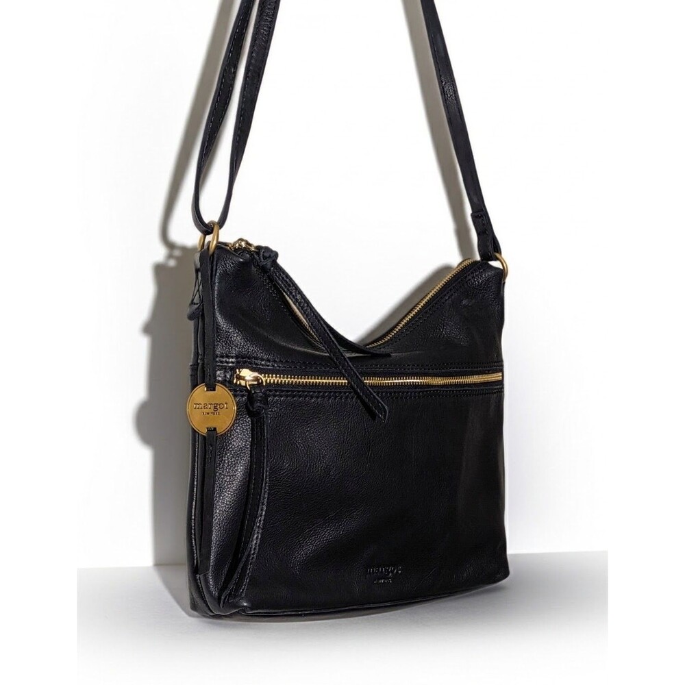 Margot New York Mary Scoop Double Zipper Crossbody Purse Black Leather